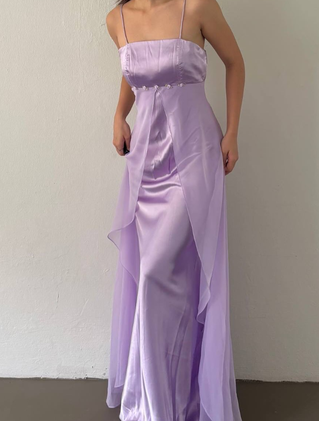 Retro Purple A Line Spaghetti Strap Flower Satin Chiffon Party Dress Evening Dress DP2869