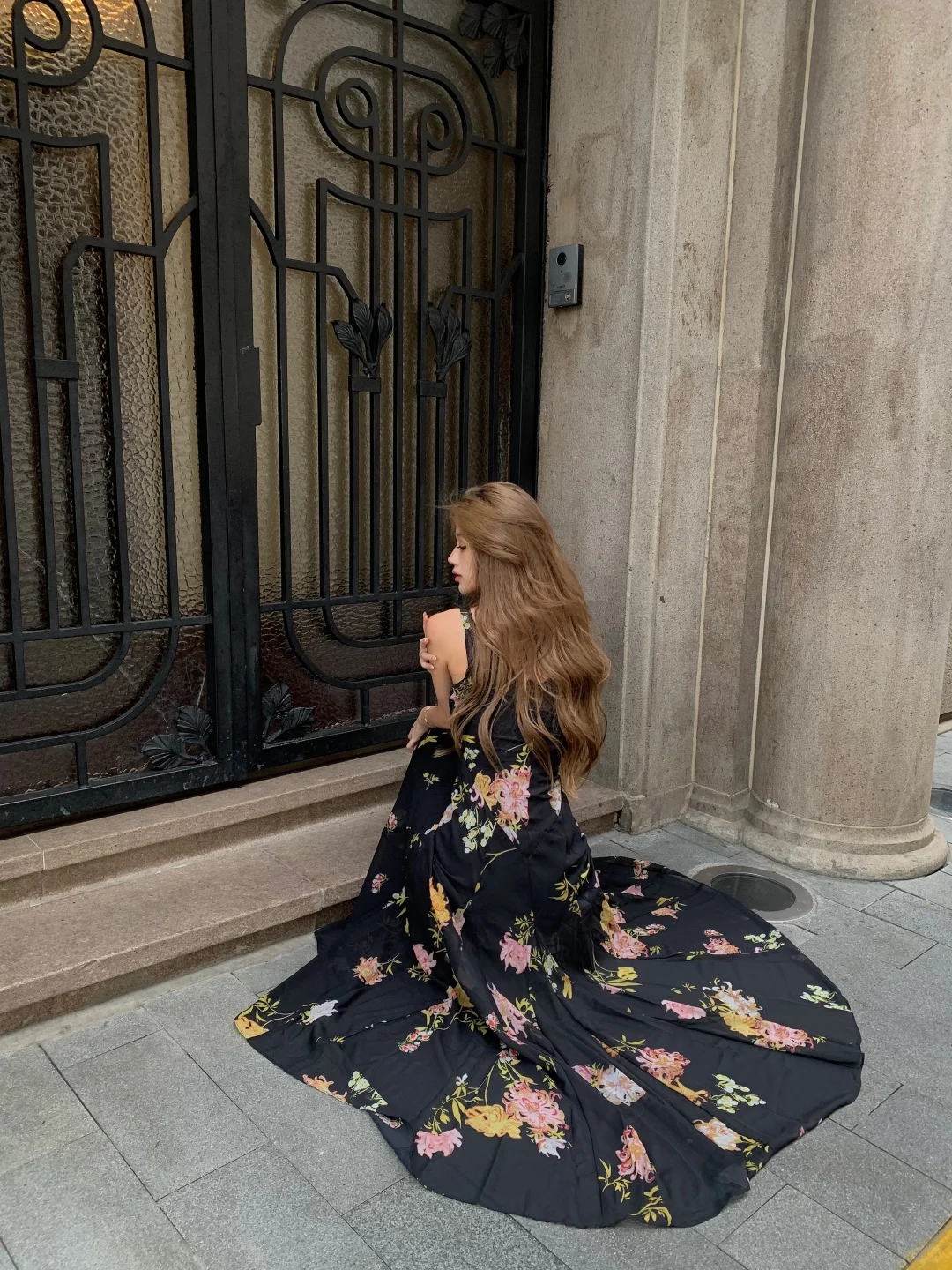 Charming A Line Spaghetti Strap Print Floral Black Chiffon Prom Dress Outfits DP4000