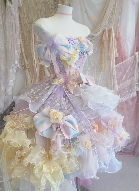 Dreamy Multi-color A Line Strapless Floral Beaded Tulle Short Prom Dress 16th Birthday Dress DP3767