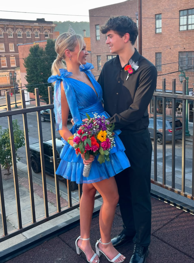 Blue A Line V Neck Tiered Tulle Short Homecoming Dress Birthday Dress with Bow DP1598