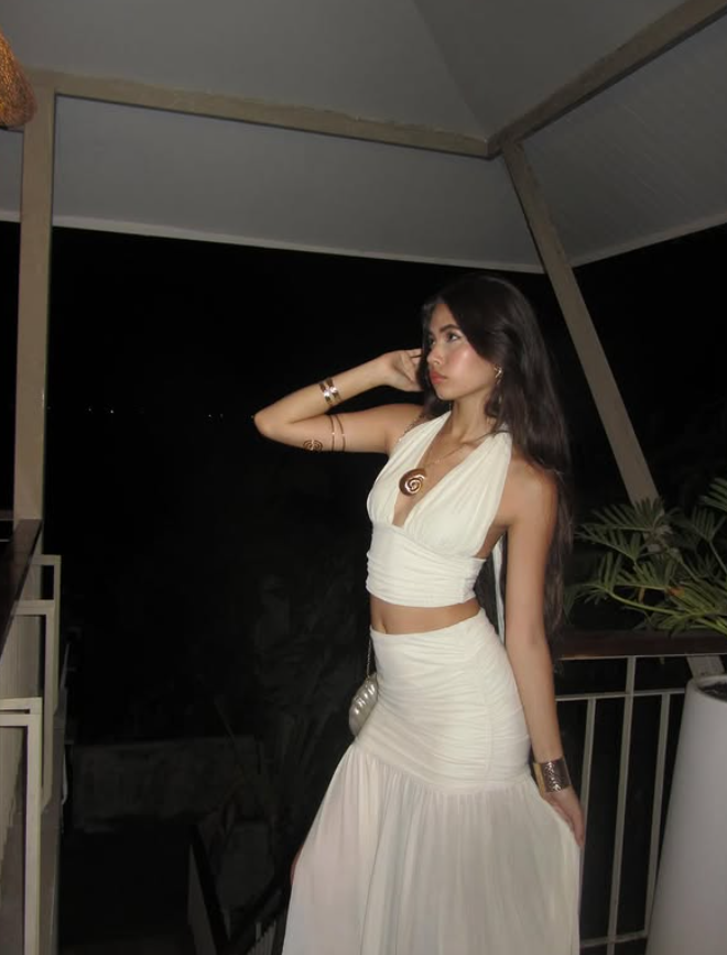 Ivory Two Piece Halter Chiffon Prom Dress Vacation Dress with Slit DP3984