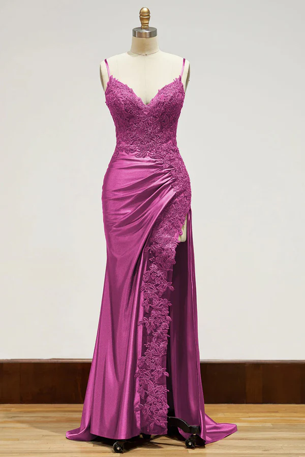 Elegant Spaghetti Straps Prom Dress Black Satin Sheath Appliques Long Formal Evening with Slits DP2125