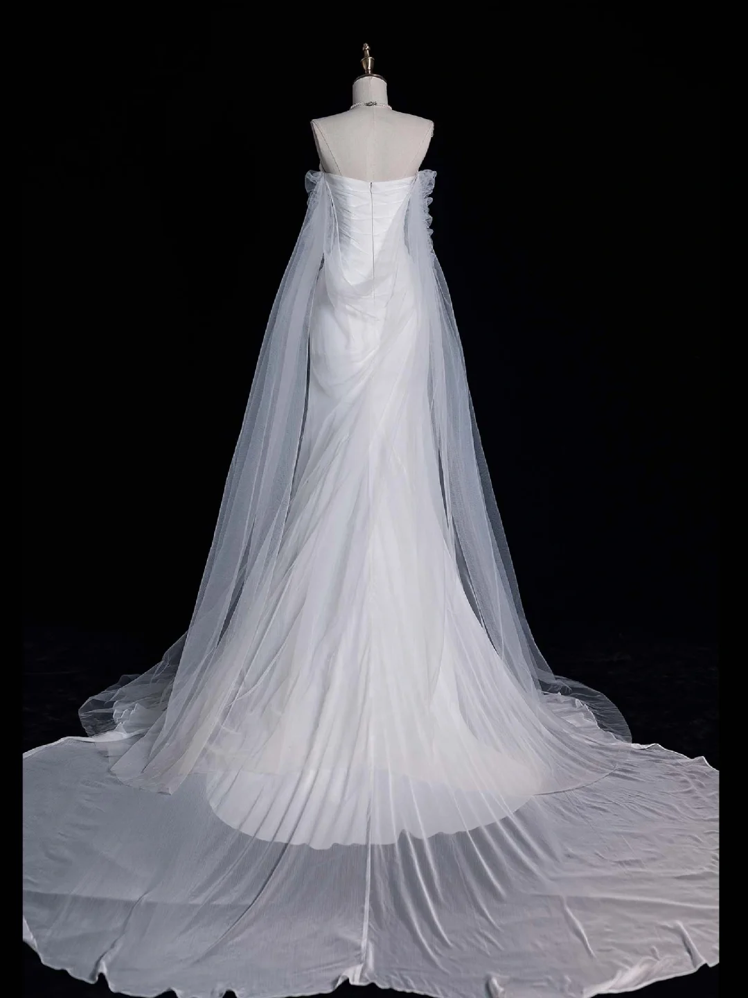 Simple A Line Long Sleeve Pleated Tulle Satin Prom Dress Wedding Dress DP3604