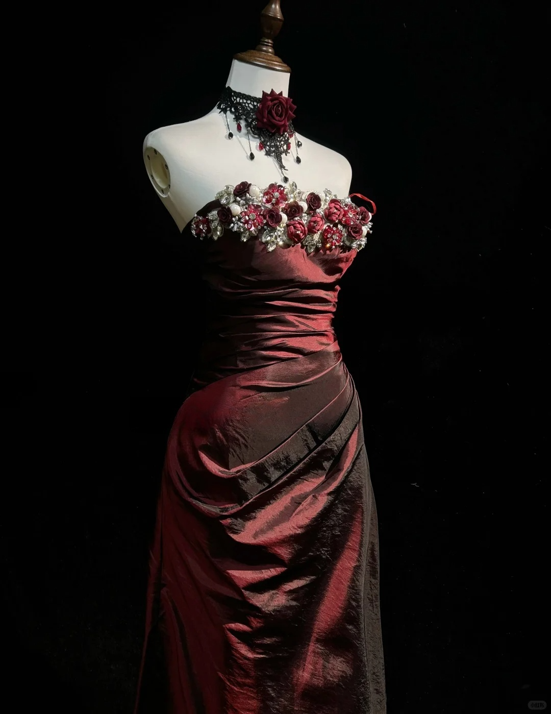 Vintage A Line Strapless 3D Flower Burgundy Satin Prom Dress Party Dress DP2771