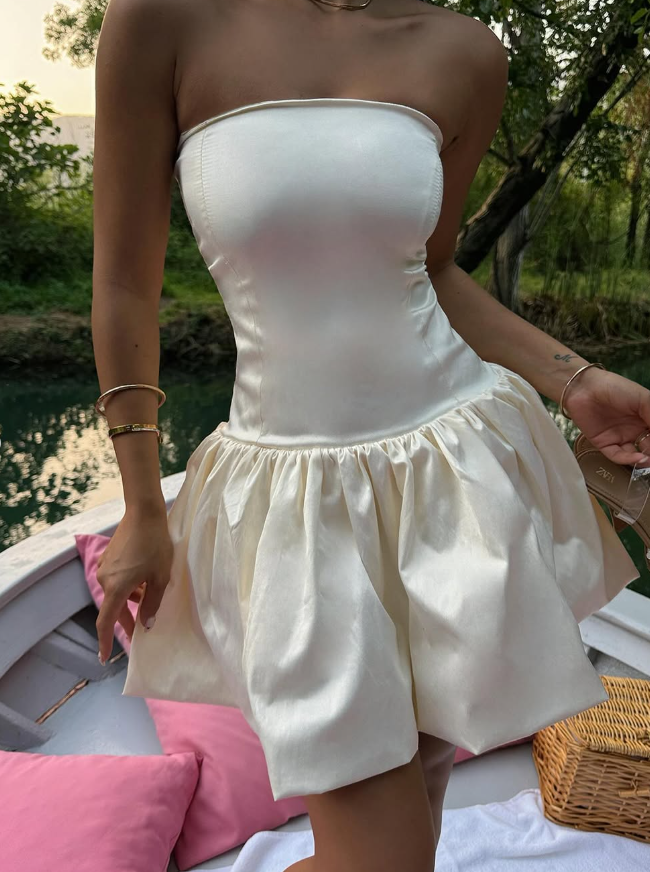 Simple A Line Strapless Ivory Satin Short Homecoming Dress Cocktail Dress DP3192