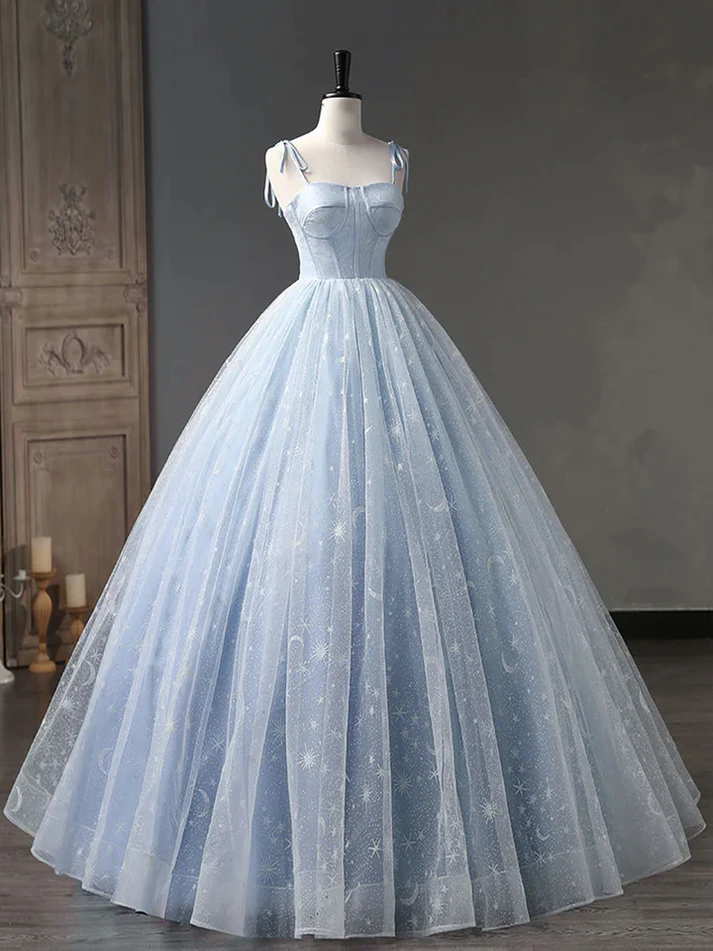 Star and Moon Fantasy Tulle A-Line Long Evening Dress, Sweet 16 Blue Prom Dress Quinceanera Dress DP008