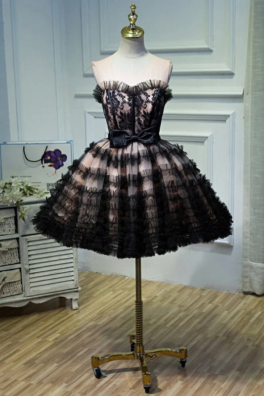 A Line Sheer Neck Tulle Homecoming With Bowknot Pretty Short Formal Dress DP867