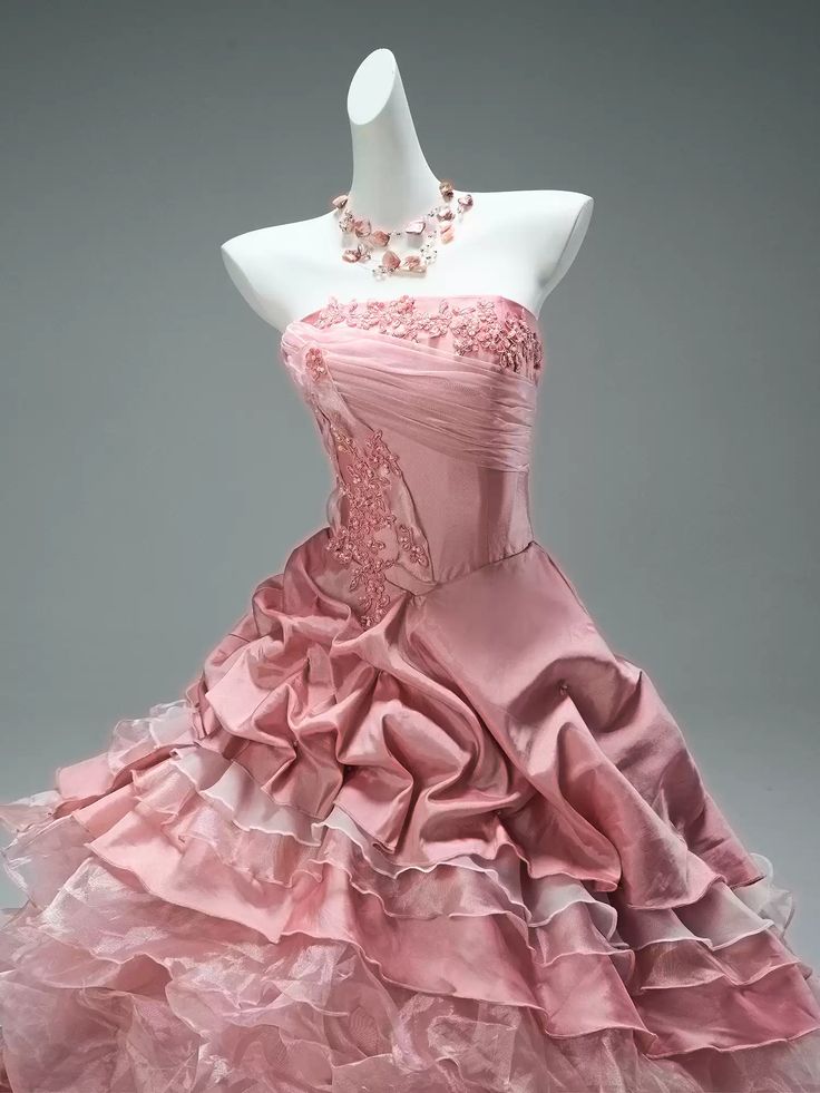 Pink Ball Gown Strapless Layered Organza Satin Long Prom Dresses DP4180