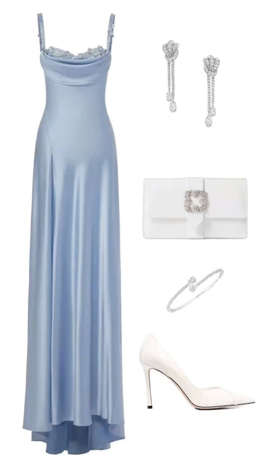 Gentle A Line Spaghetti Strap Beaded Blue Satin Party Dress Wedding Guest Dresses DP2351