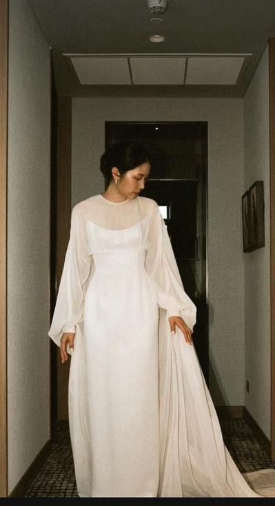 Ethereal A Line Long Sleeve White Chiffon Satin Long Wedding Dress DP7876