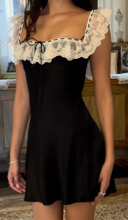 Classy A Line Straps Lace Black Satin Short Homecoming Dress Cocktail Dress DP2633