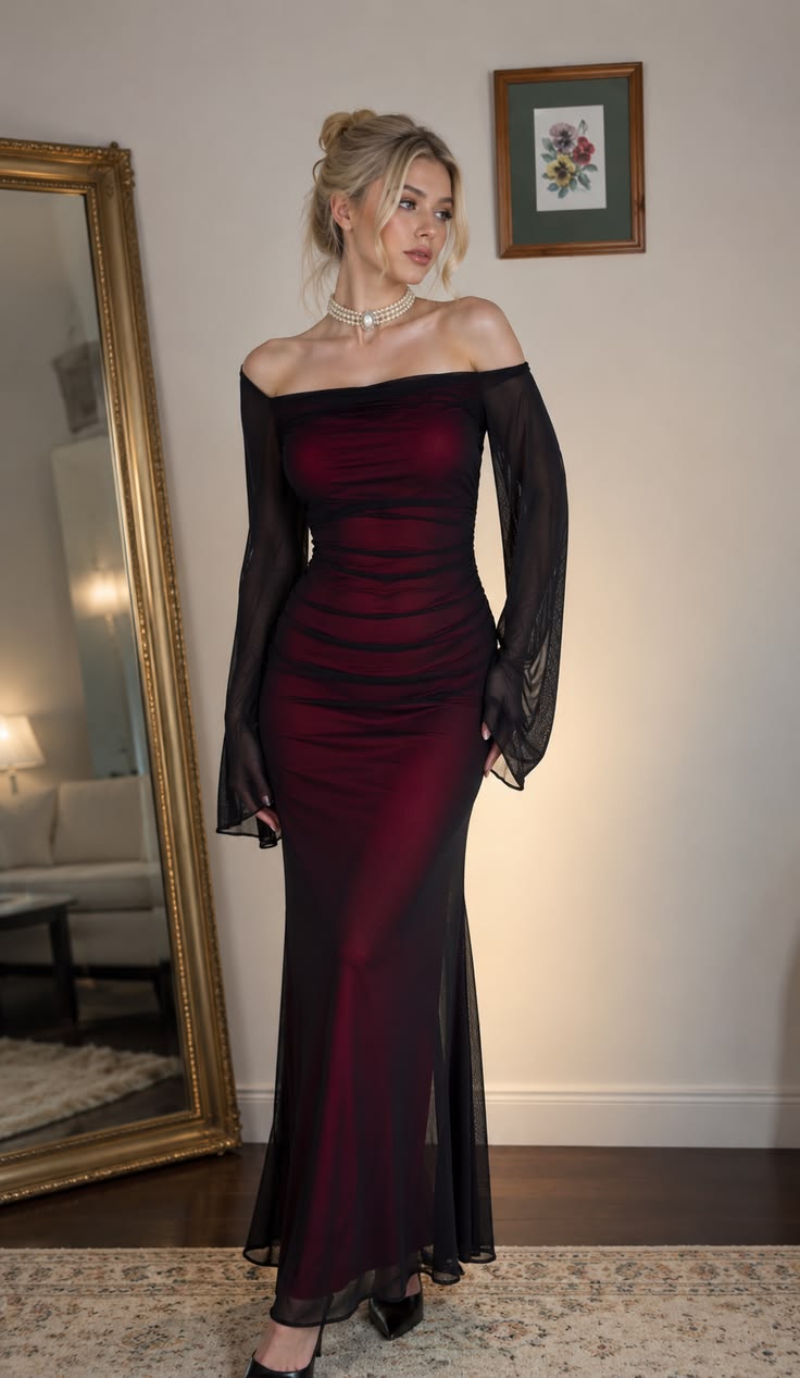 Sexy Mermaid Long Sleeve Black Tulle Burgundy Satin Prom Dress Evening Dress DP7890