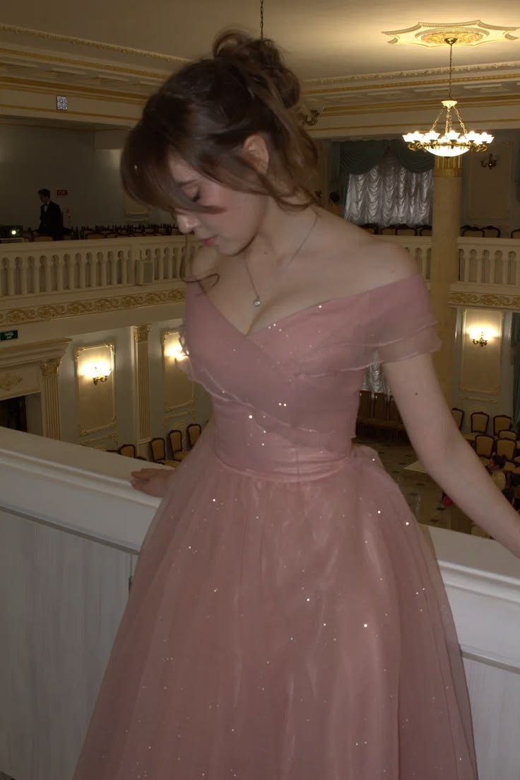 Princess Pink A Line Off the Shoulder Sequin Tulle Long Prom Dress Evening Dress DP6682