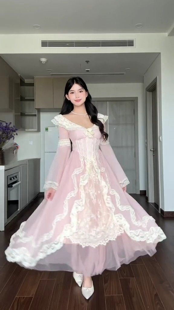 Princess Pink A Line Long Sleeve Lace Chiffon Prom Dress Party Dress 16th Birthday Dress DP3376