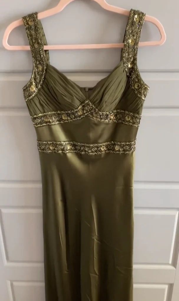 Elegant Sheath Strap Beaded Green Satin Prom Dress Evening Dress DP2102