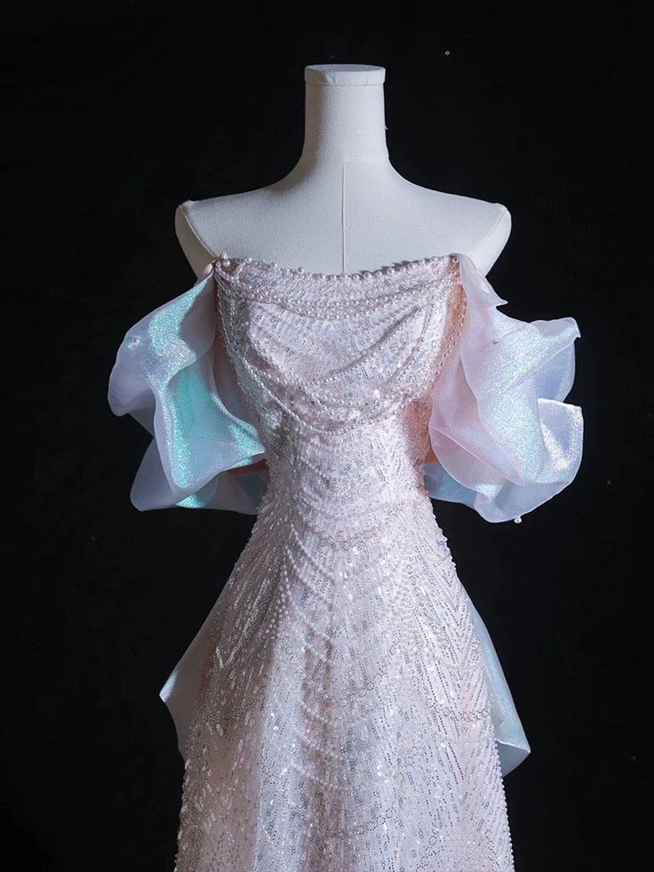 Pink Pretty A Line Off the Shoulder Pearl Sequin Tulle Prom Dress Party Dress DP3067
