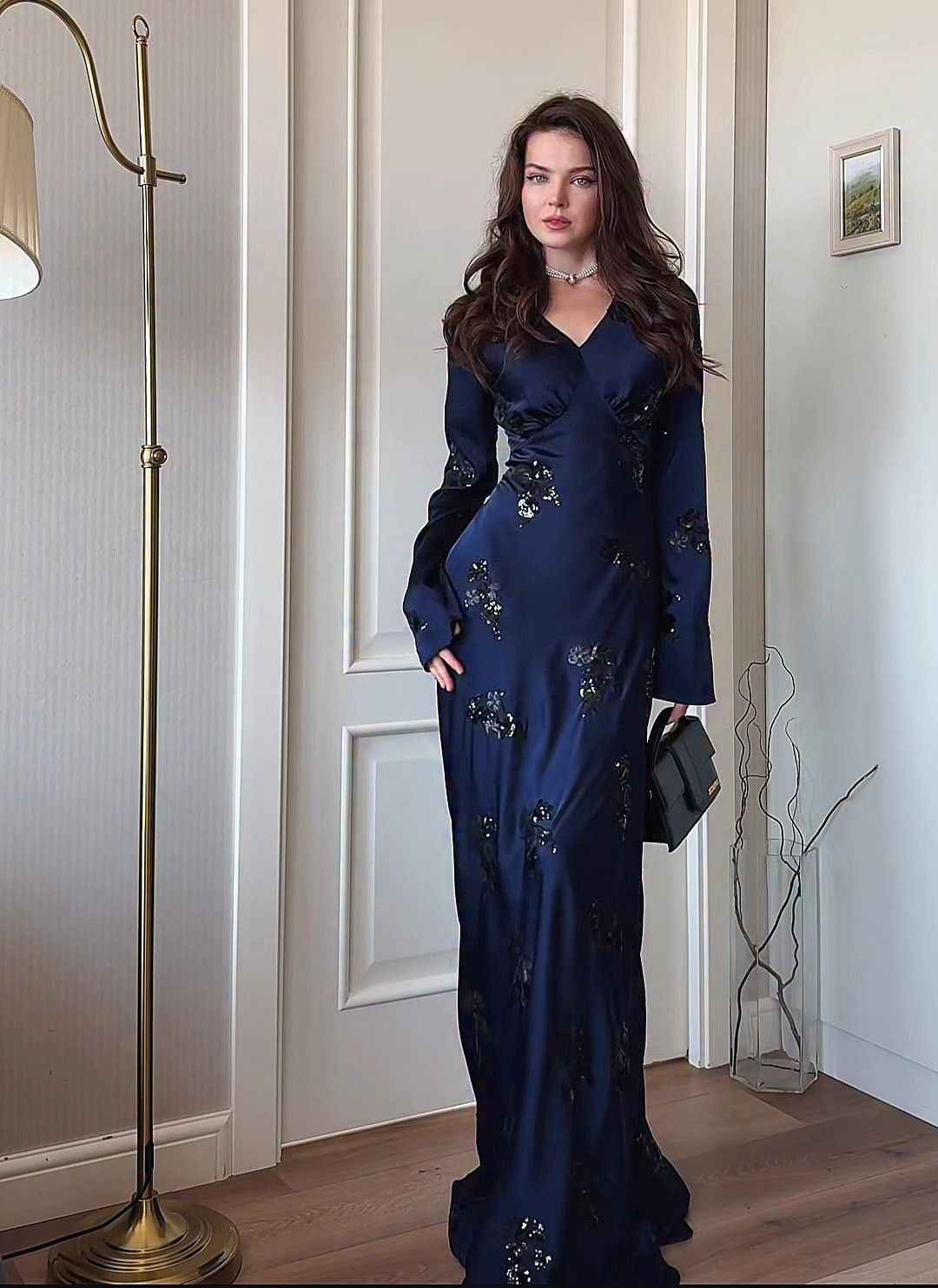 Elegant Navy Blue Sheath Long Sleeve Sequin Satin Prom Dress Wedding Guest Dress DP4794