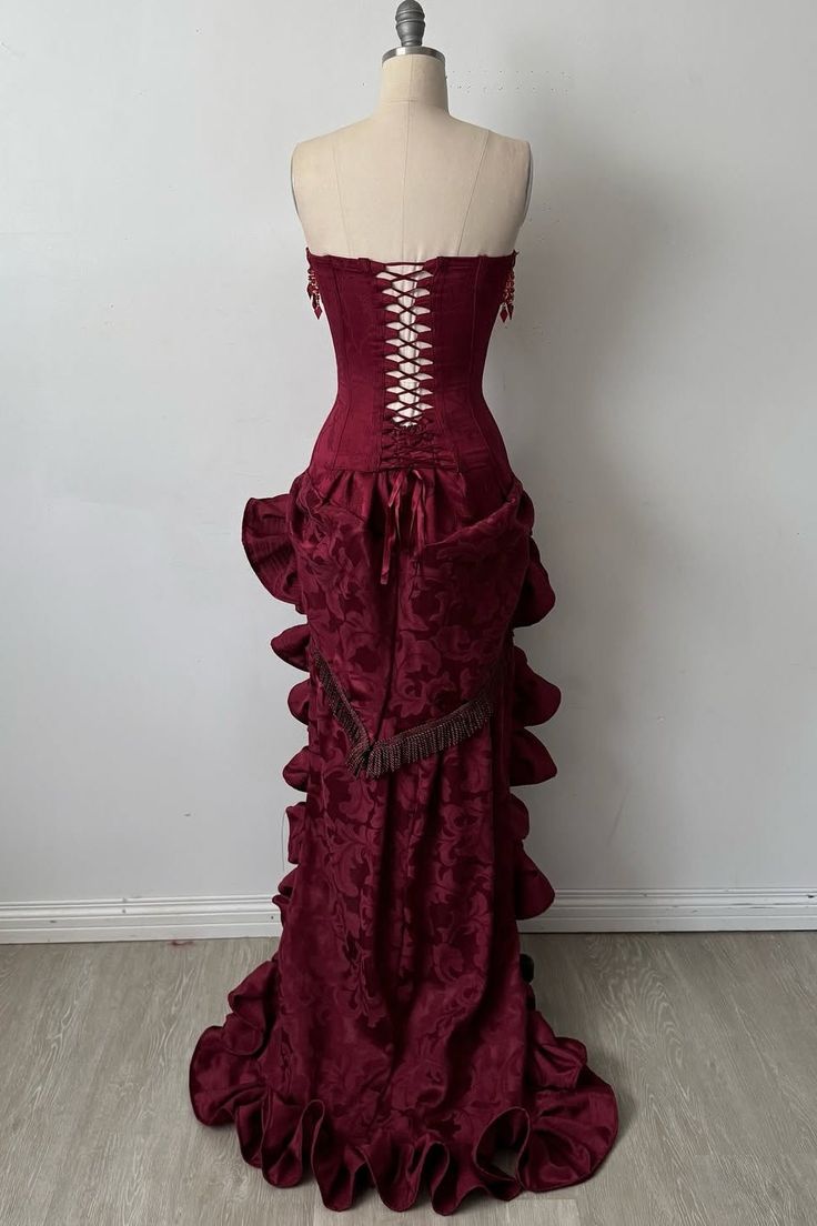 Vintage Burgundy A Line Strapless Beaded Satin Ball Gown DP4838