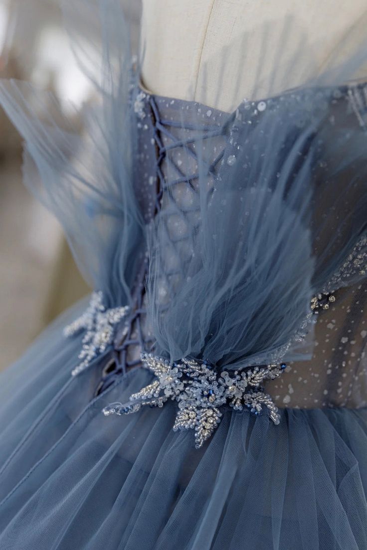 Stunning Exquisite Beaded A Line Strapless Layered Blue Tulle Prom Dress Evening Dress Date Dress DP3469