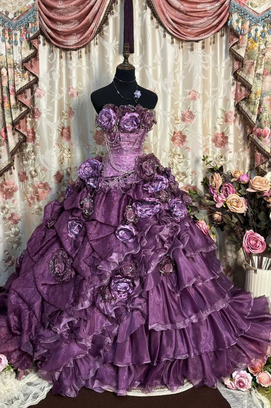 Vintage Purple Ball Gown Strapless Floral Beaded Layered Organza Prom Dress 18th Birthday Dress DP4059