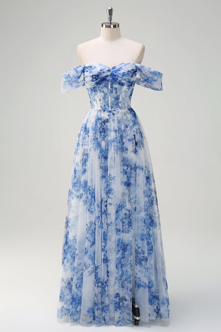 Blue Flower A Line Off the Shoulder Chiffon Long Prom Dress with Slit DP1318