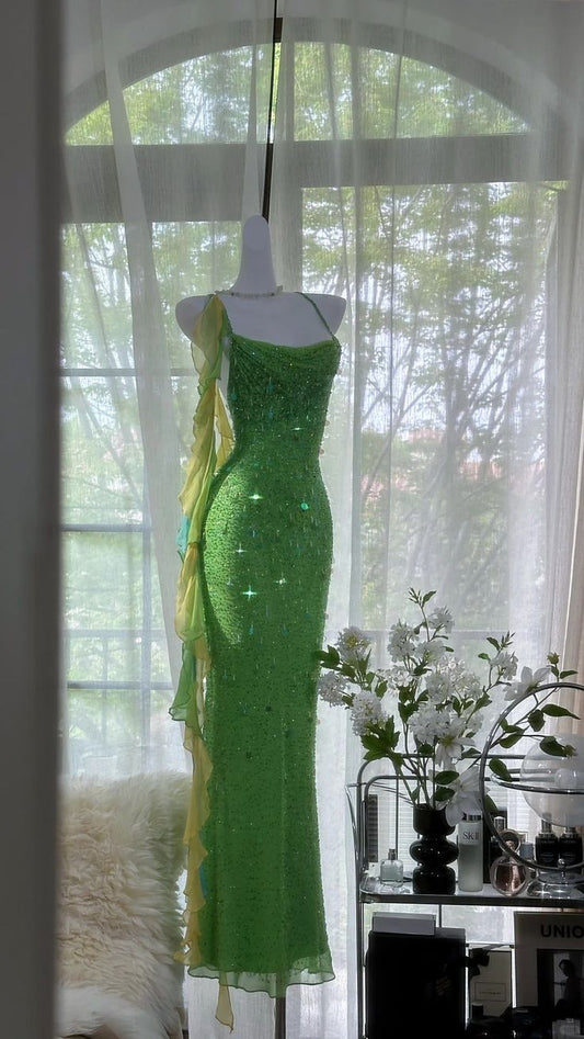 Gorgeous Sheath Spaghetti Strap Beaded Green Chiffon Long Party Dress Evening Dress DP2307
