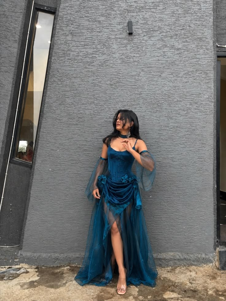 Dark Blue A Line Straps Satin Organza Long Prom Dress Evening Dress DP7854