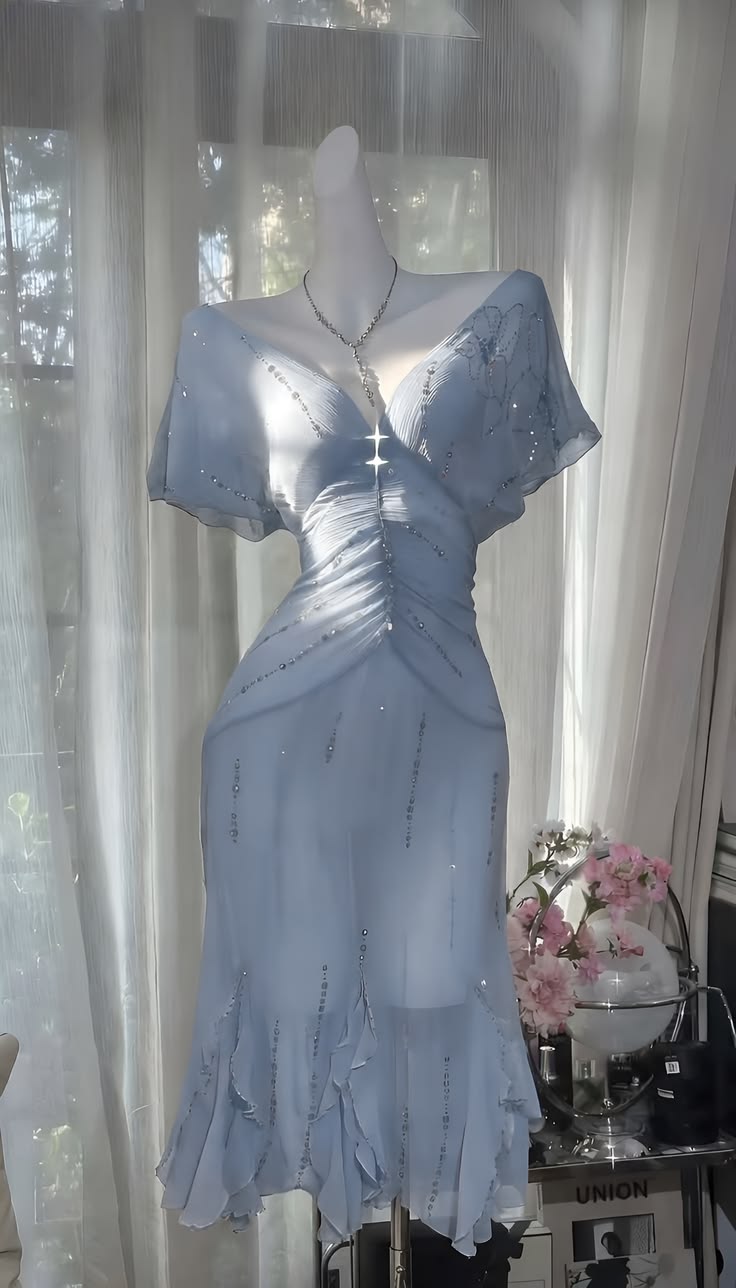 Baby Blue A Line V Neck Sequin Chiffon Short Prom Dress Party Dress DP5820