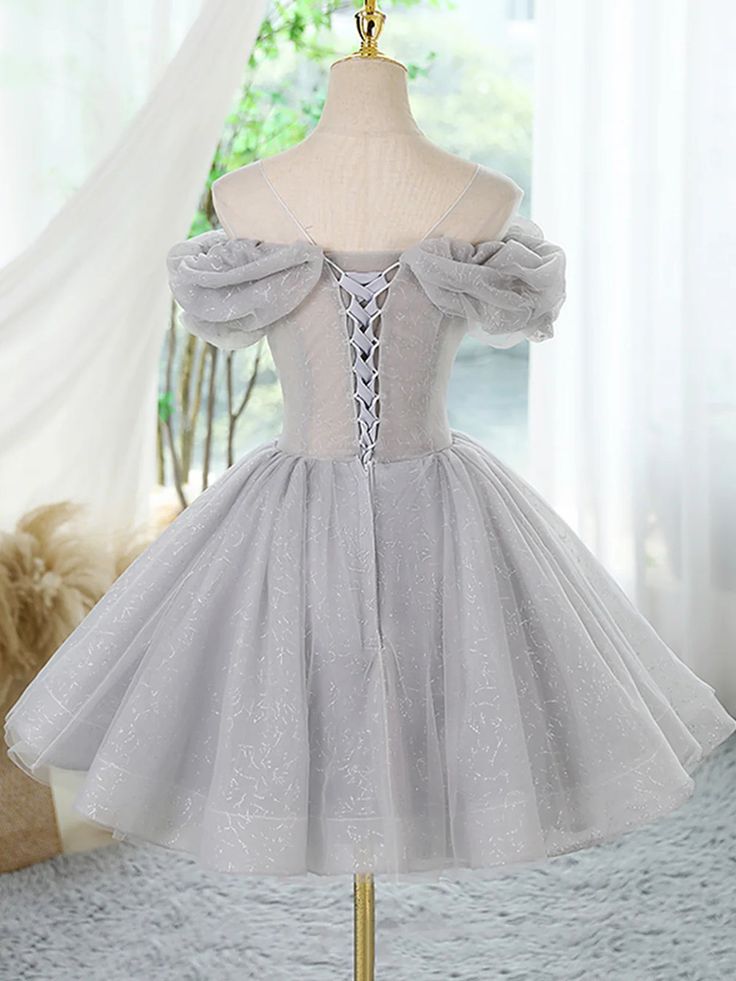 A Line Round Neck Gray Lace Sequins Tulle Short Homecoming Dresses DP836