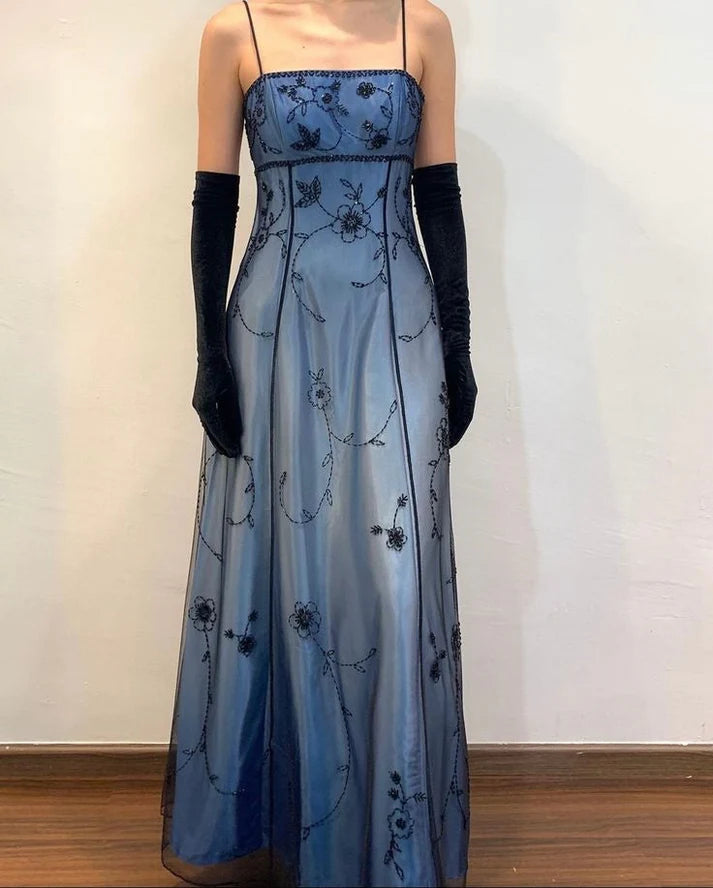 Vintage A Line Spaghetti Strap Beaded Chiffon Blue Satin Prom Dress Graduation Prom Dress DP2196