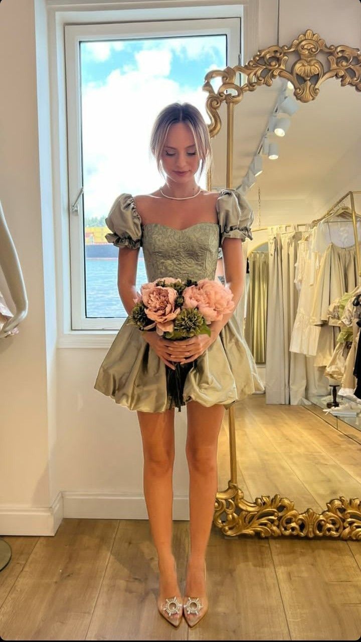 Princess Champagne A Line Puff Embroidery Satin Homecoming Dress Cocktail Dress DP3164