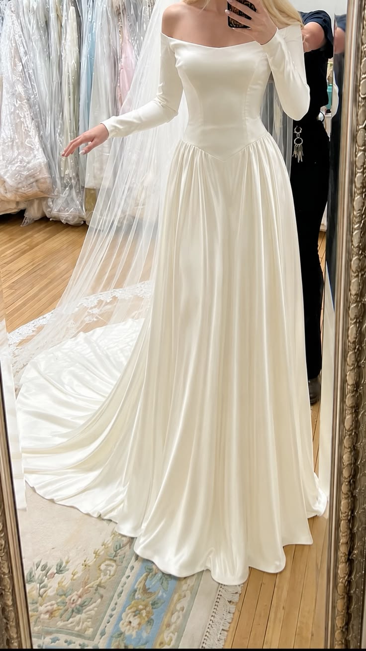 Simple A Line Long Sleeve White Satin Long Wedding Dress DP7200