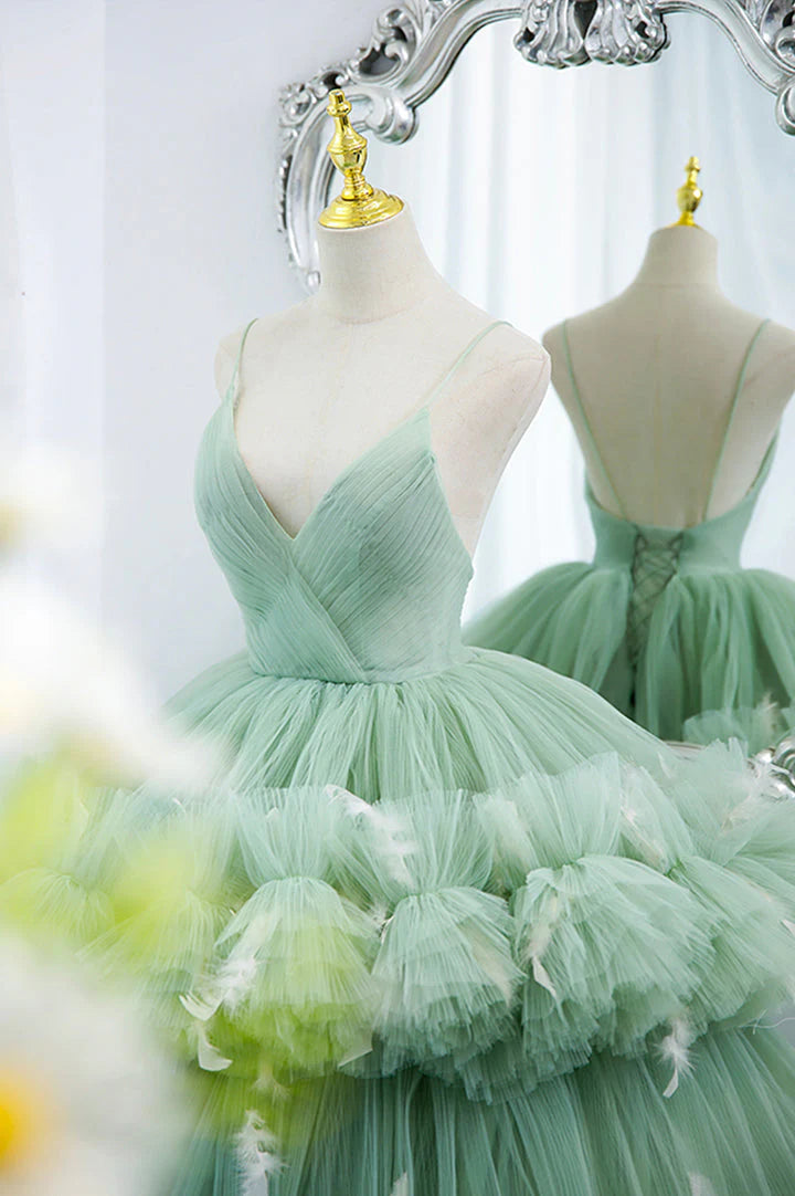 A Line V-Neck Layered Tulle Long Ball Gown Prom Drsses DP793