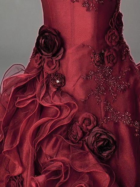Princess Burgundy Ball Gown 3D Floral Beaded Ruffle Organza Prom Dress 16th Birthday Dress DP5392