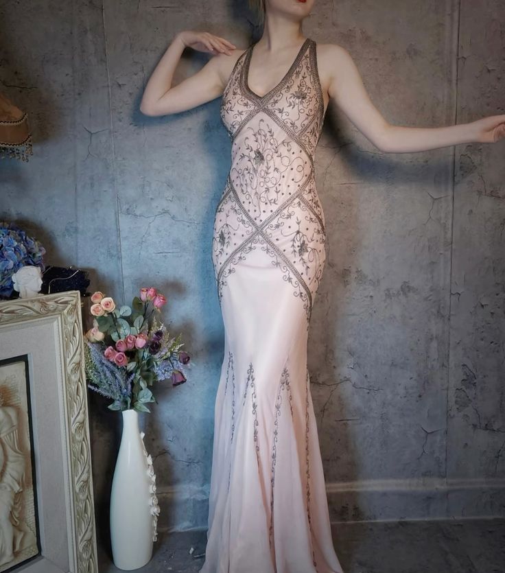 Vintage Mermaid Halter Beaded Chiffon Open Back Long Party Dress Evening Dress DP2370