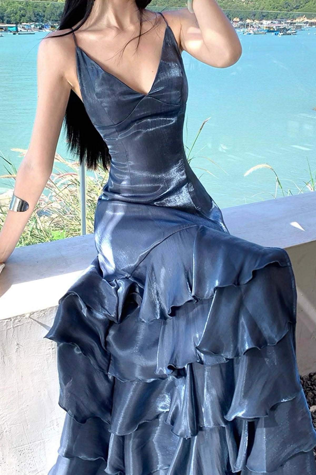 Dark Blue A Line Spaghetti Strap Layered Satin Prom Dress Evening Dress DP6904