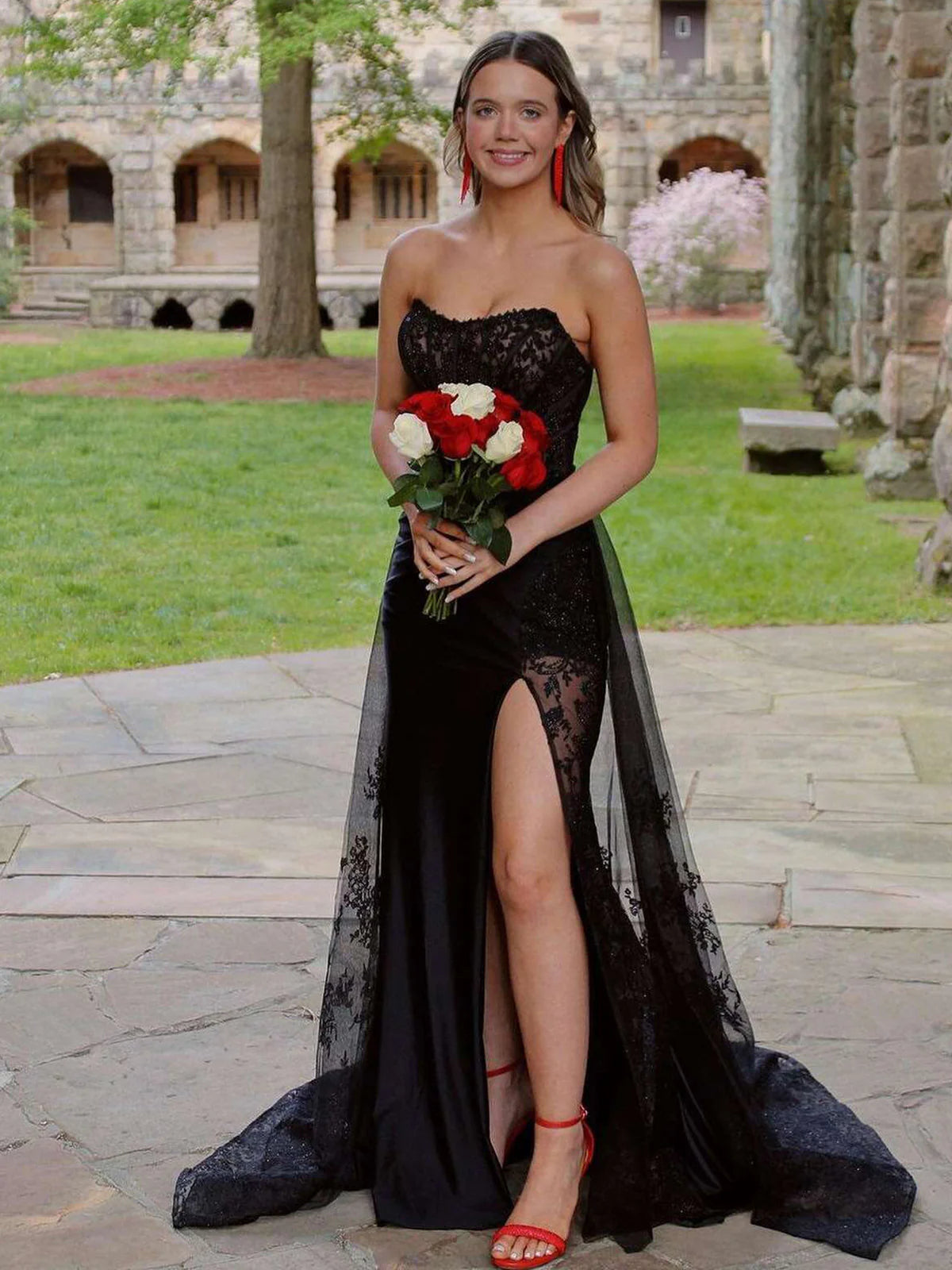 Mermaid Strapless Black Tulle Lace Long Prom Dress Evening Dress DP1222