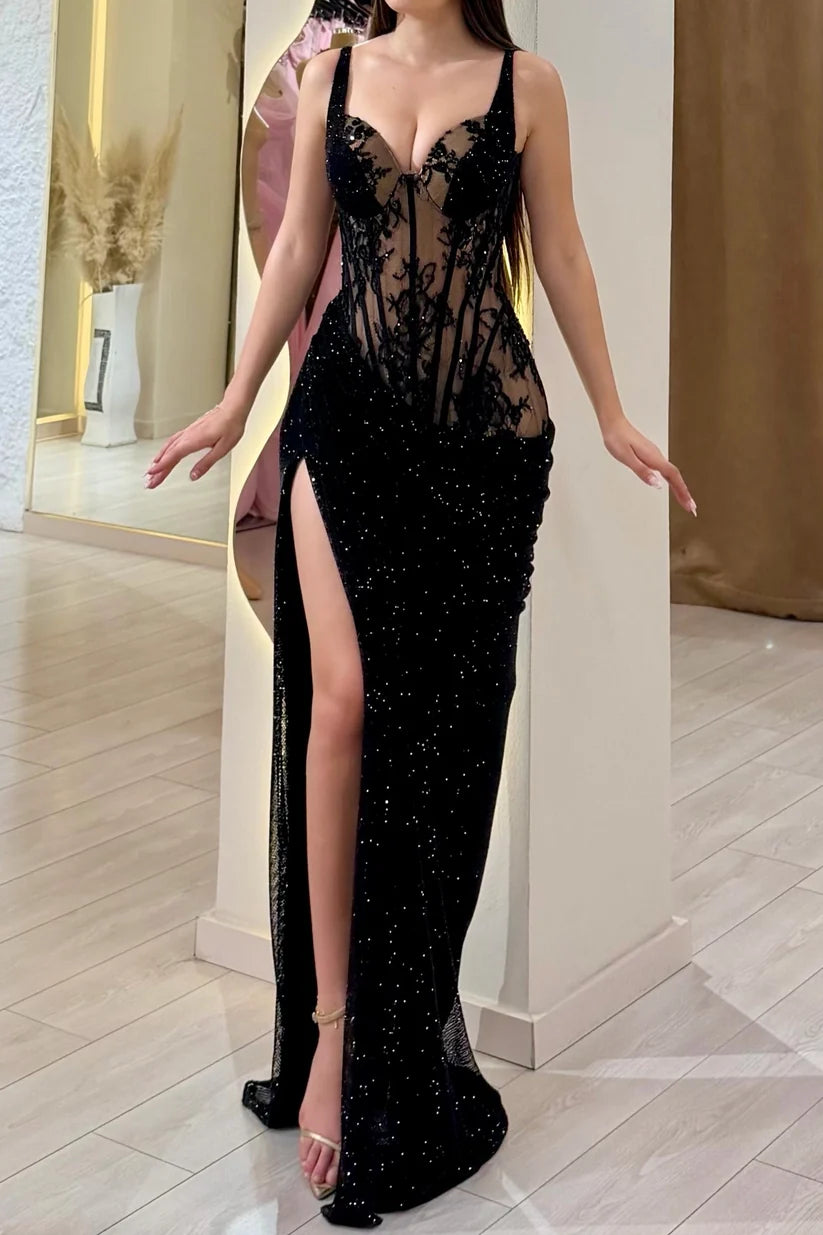 Black Sheath Straps Lace Sequin Tulle High Slit Prom Dress Evening Dress DP7616