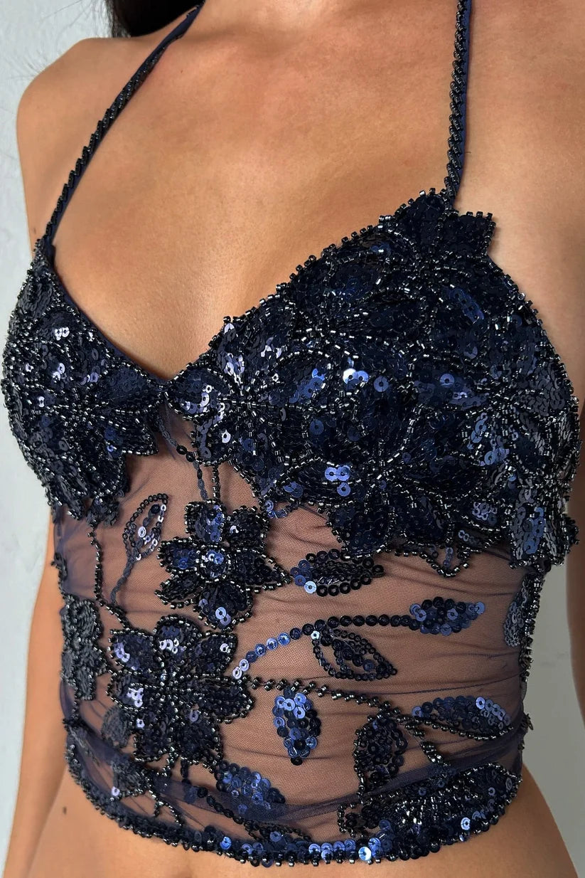 Two Piece Navy Blue Sheath Beaded Sequin Tulle Short Homecoming Dress DP7690