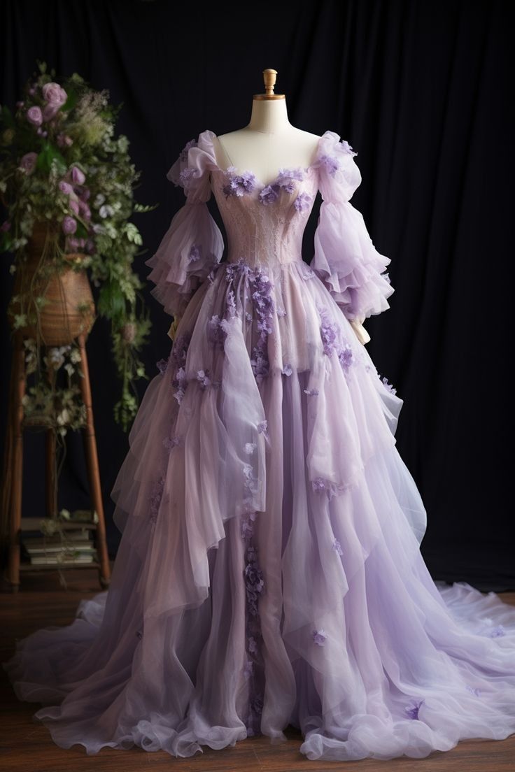 Purple A Line Puff Long Sleeve Ruffles 3D Floral Lace Tulle Long Prom Dress DP1319