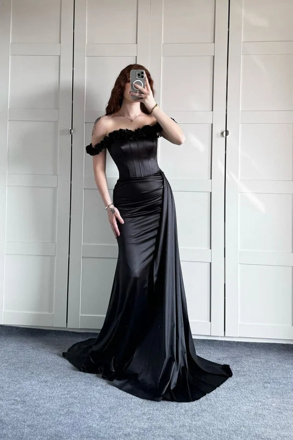 Navy Blue Mermaid Off the Shoulder Floral Corset Satin Prom Dress Evening Dress Date Dress DP3467