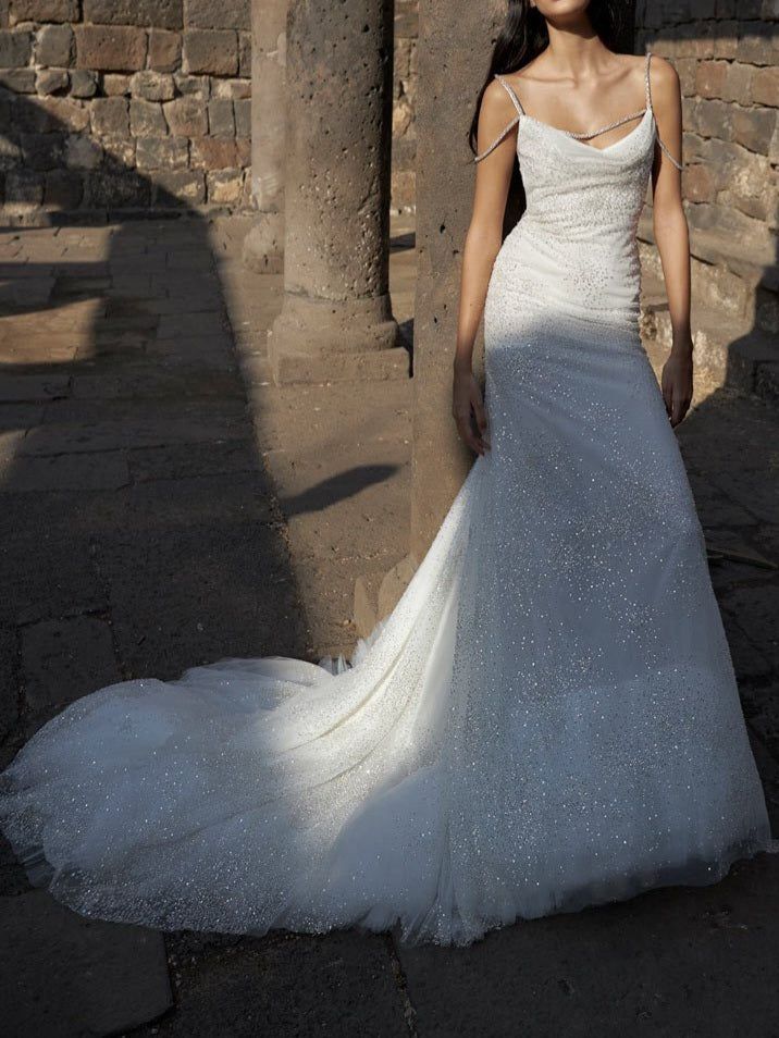 Stunning Mermaid Spaghetti Strap Blue Ombre Sequin Tulle Prom Dress Formal Gown DP3669