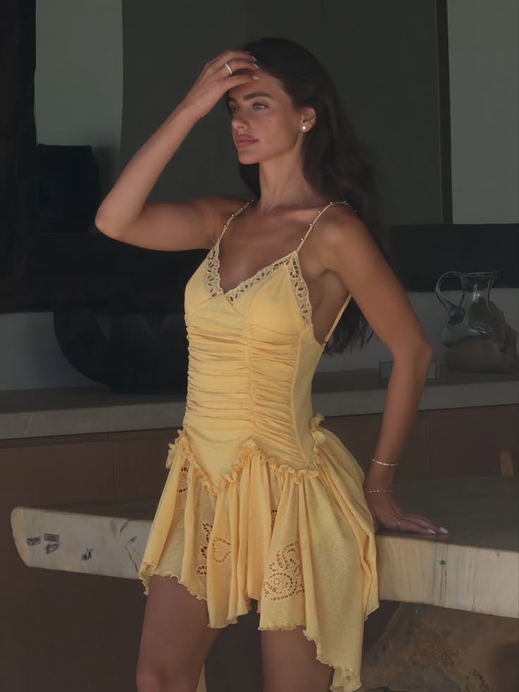 Yellow A Line Spaghetti Strap Lace Satin Short Prom Dress Homecoming Dress DP7576