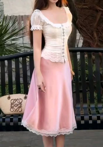 Cute Two Piece A Line Puff Sleeve Pink Lace Satin Long Prom Dress Date Dress DP7018