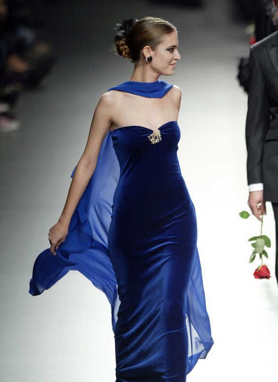 Royal Blue Sheath Strapless Velvet Chiffon Long Prom Dress Evening Dress DP4230