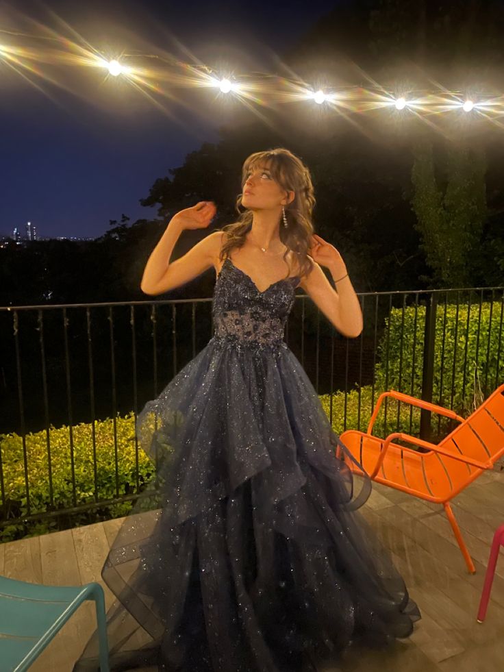 Navy Blue A Line Spaghetti Strap Beaded Ruffle Organza Long Prom Dress Evening Dress DP2787