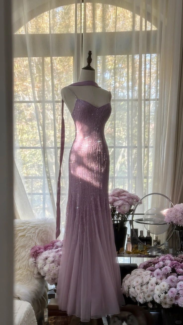 Purple Sheath Spaghetti Strap Beaded Tulle Long Prom Dress Evening Dress DP1951