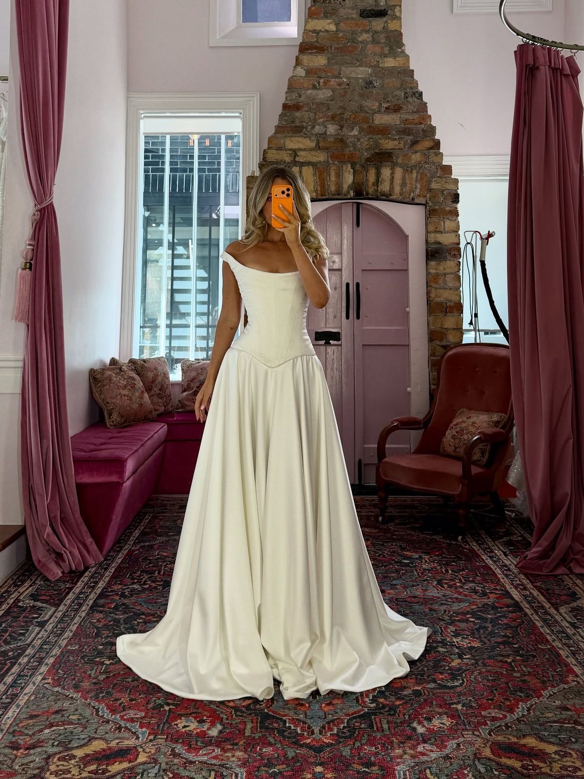 New White A Line Off the Shoulder Satin Long Wedding Dress DP7869