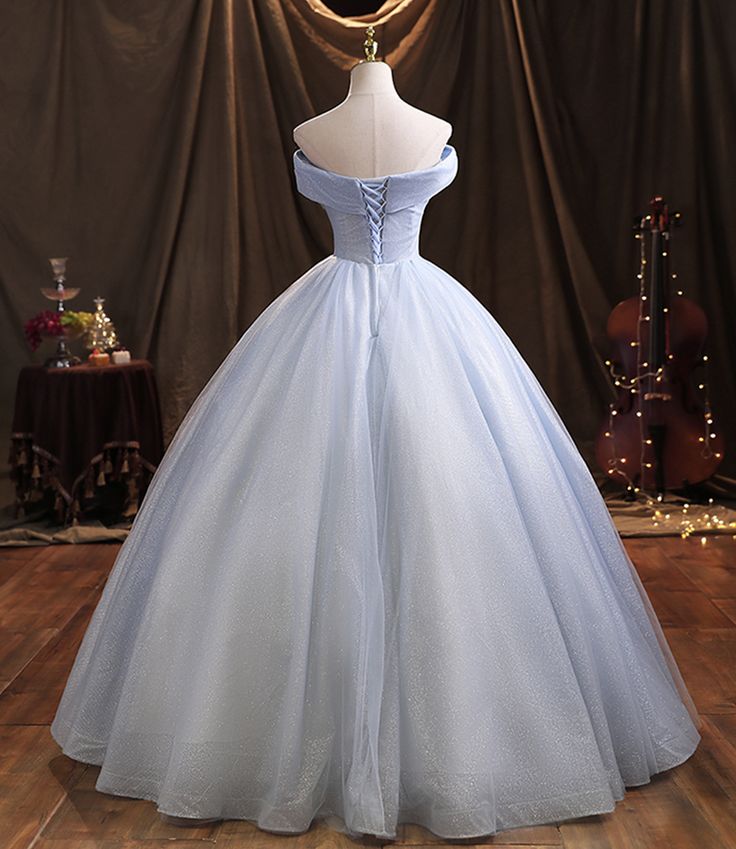 Blue Off-the-shoulder Appliques Tulle Lace Long Ball Gown DP910