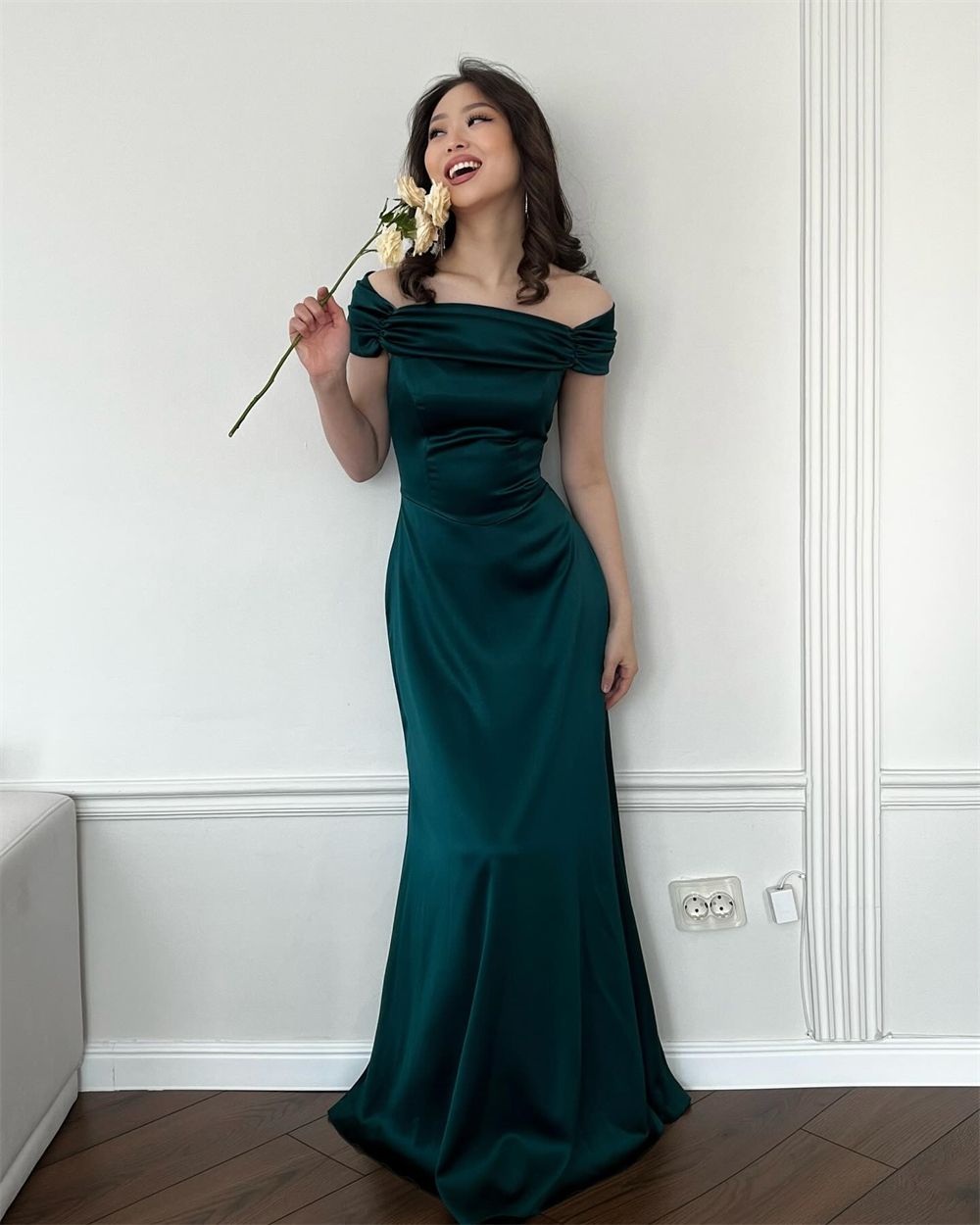 Pretty Brown Mermaid Off the Shoulder Satin Prom Dress Evening Dress Date Dress DP3466